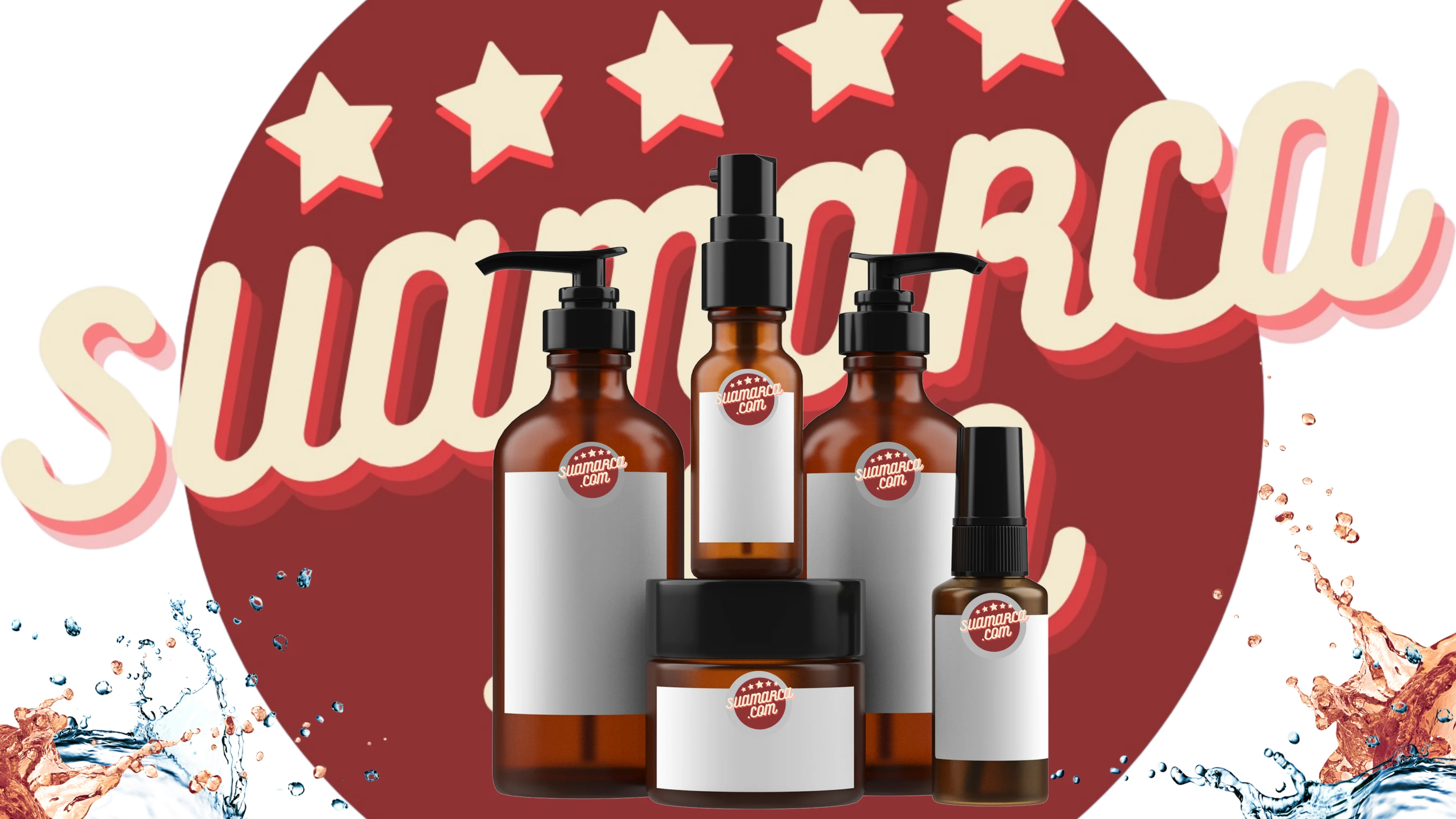 Linha completa de produtos SuaMarca.com: pomadas, óleo de barba, shampoo e creme com rótulo personalizado