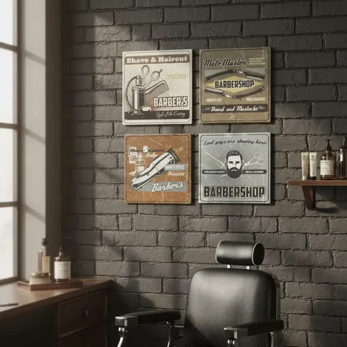 Decoração de barbearia com quadros vintage